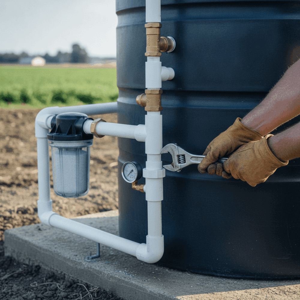 Installation d'une cuve de stockage d'eau pluviale hors-sol avec système de filtration sur exploitation agricole