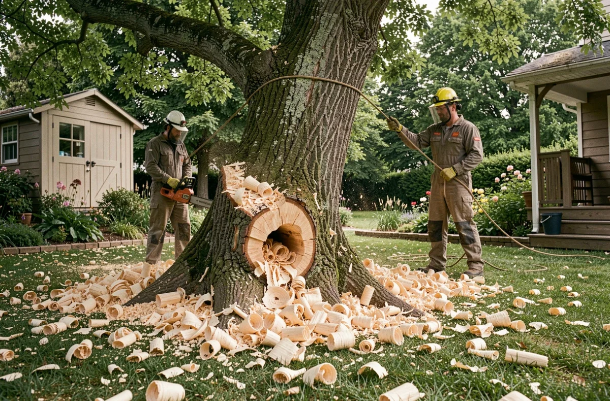Abattage professionnel d'un grand hêtre dans un jardin privé avec deux arboristes et corde de guidage