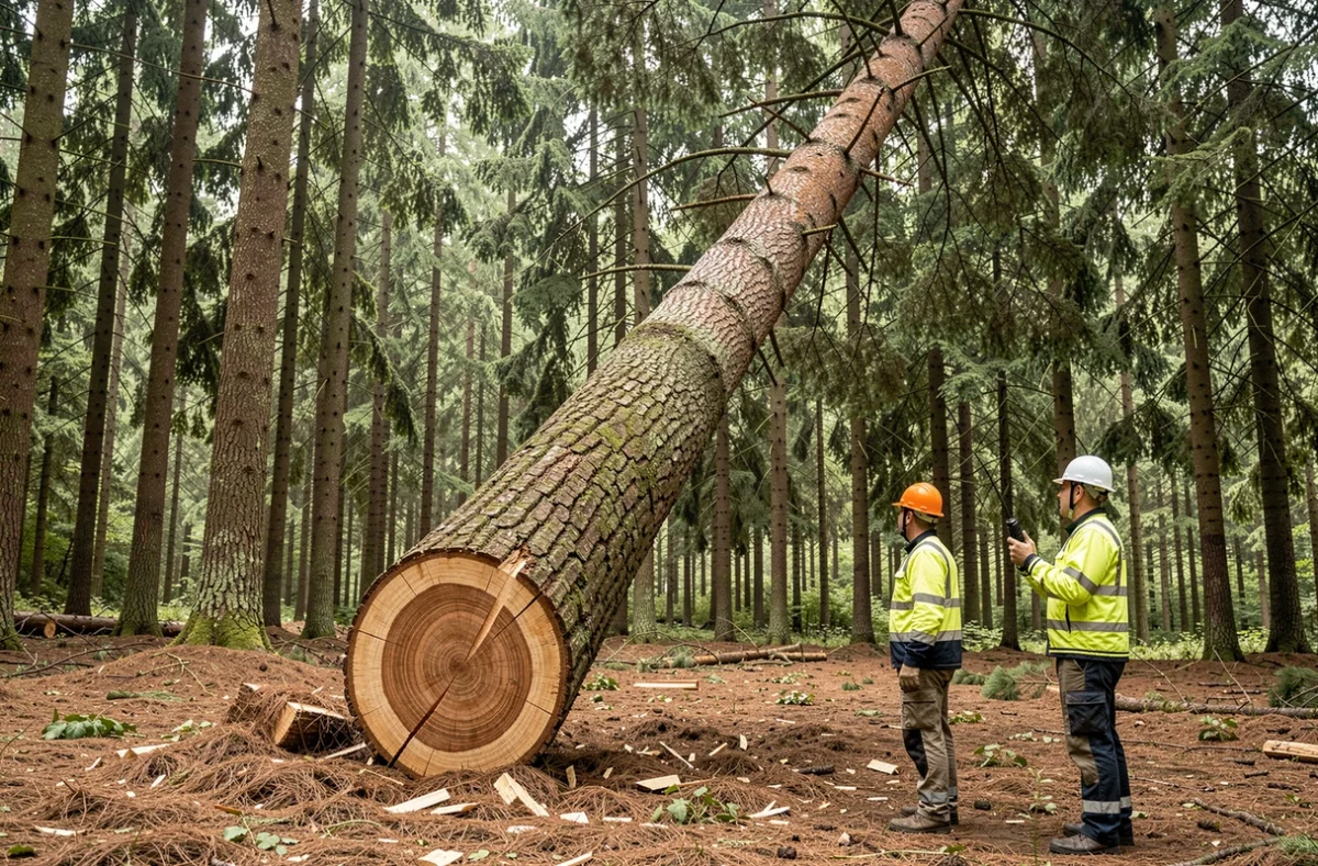 Abattage d'un grand pin en forêt avec deux bûcherons observant la chute de l'arbre