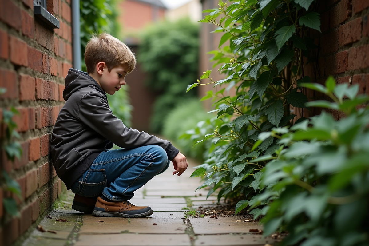 Adolescent examine une clematis dans un jardin urbain