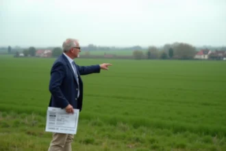 Agent immobilier tenant un document de mesure de terrain en hectares et en ares dans un champ agricole à vendre