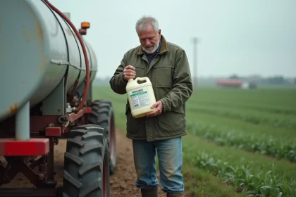 Agriculteur lisant l'étiquette d'un bidon de glyphosate concentré 360 g/L dans un champ cultivé