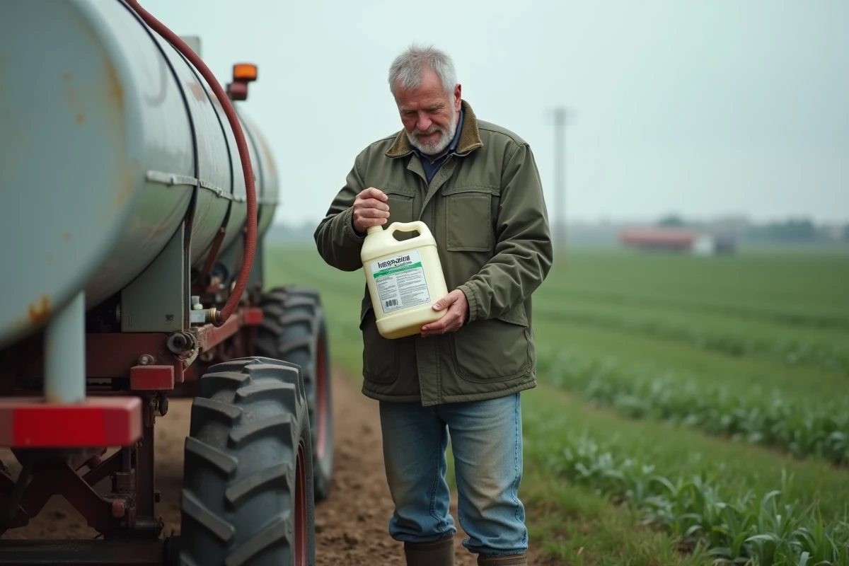 Agriculteur lisant l'étiquette d'un bidon de glyphosate concentré 360 g/L dans un champ cultivé