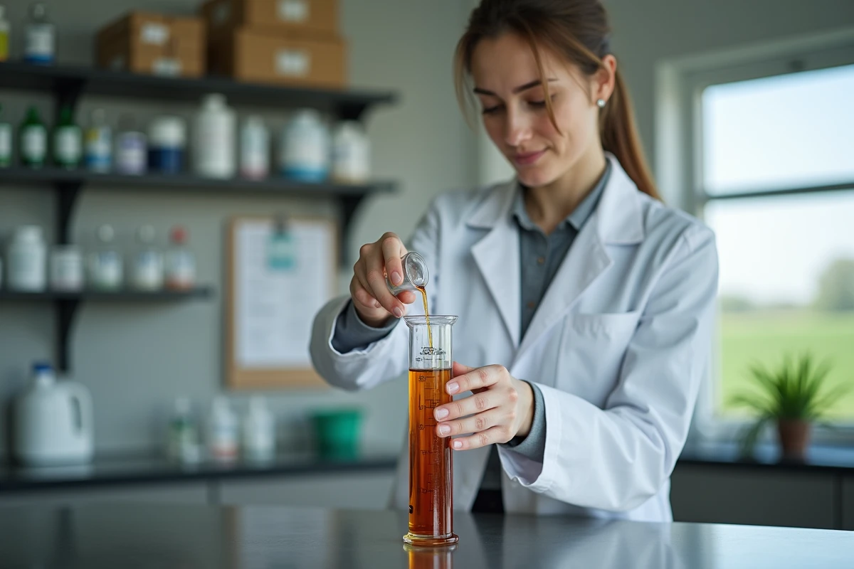 Agronome mesurant une dose de glyphosate liquide dans un laboratoire agricole avec un cylindre gradué