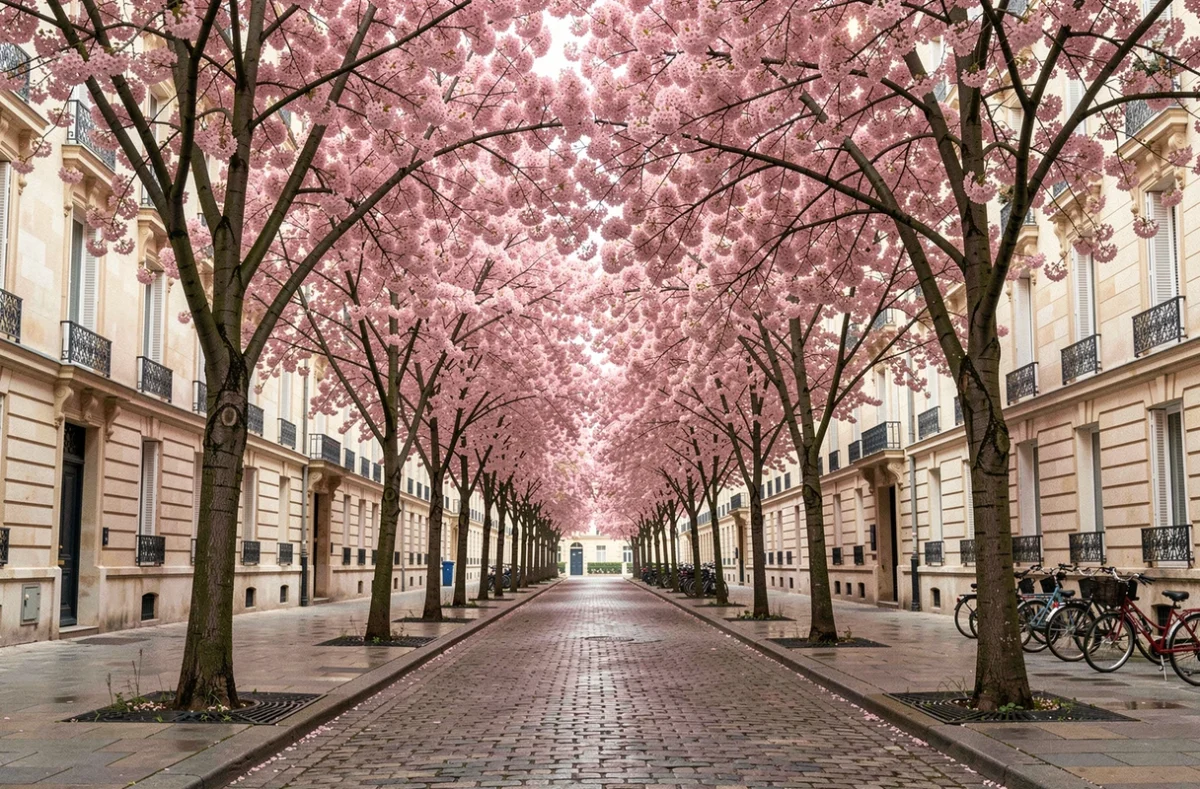 Allée urbaine bordée d'arbres à feuilles roses persistantes toute l'année dans une rue parisienne