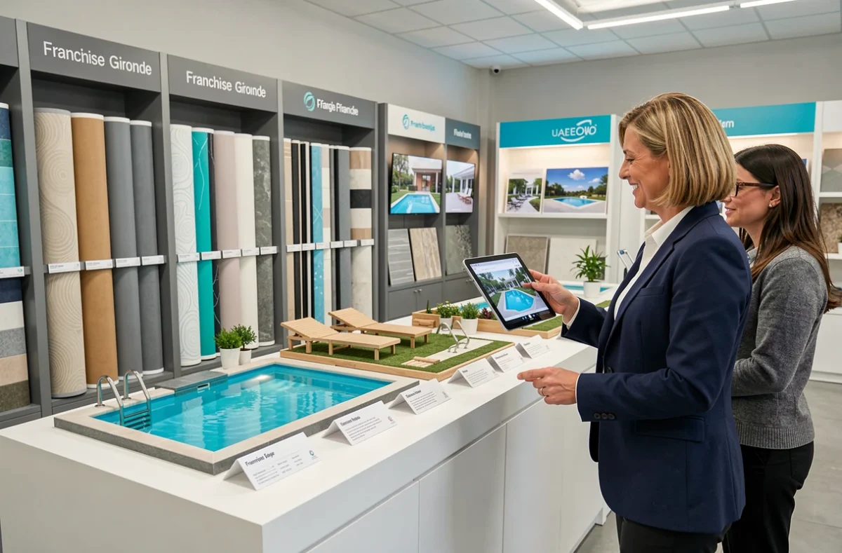 Conseillère d'Alliance Piscines présentant des modèles de piscines à un couple dans une agence en Gironde