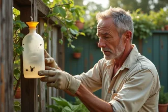 Homme inspectant un piège à mouches artisanal inefficace dans un jardin, remettant en question l'efficacité de son appât