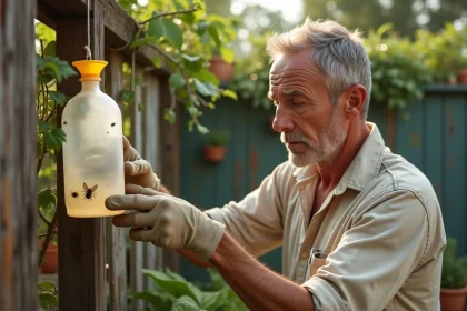 Homme inspectant un piège à mouches artisanal inefficace dans un jardin, remettant en question l'efficacité de son appât