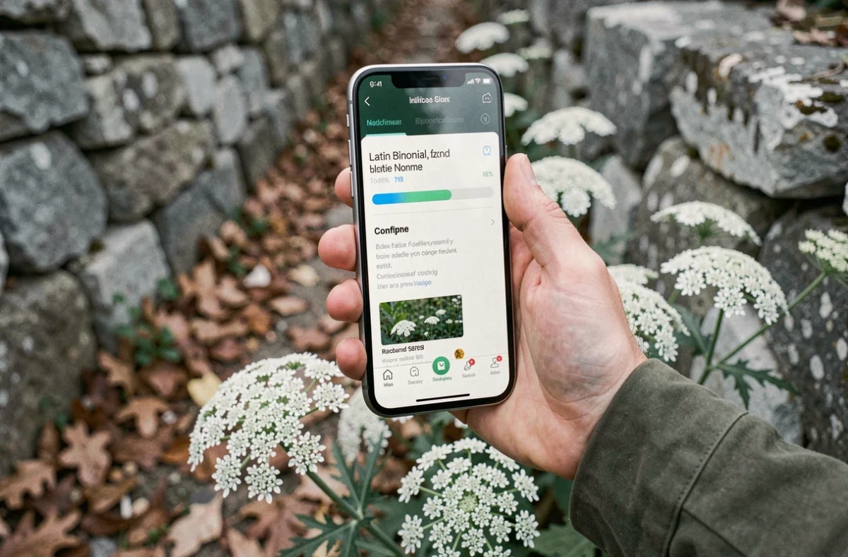 Application d'identification de plantes affichant le nom latin d'une fleur blanche sur smartphone en milieu rural