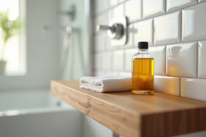 Application d'huile de teck sur une étagère en bois dans une salle de bain moderne avec bouteille d'huile et chiffon