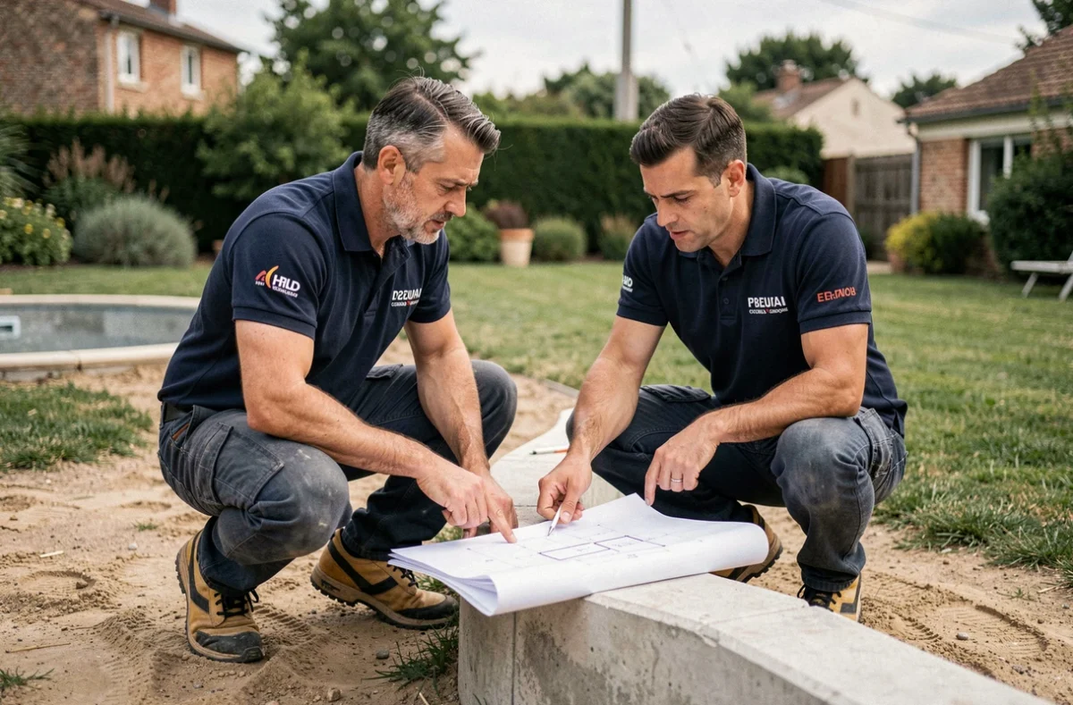 Équipe d'Aquanov Piscines examinant les plans d'une piscine en construction dans un jardin bordelais