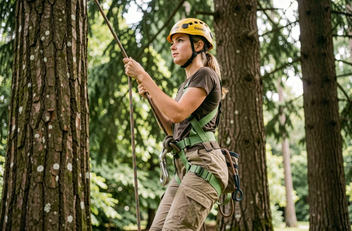 Arboriste femme d'Arborecyma en train de grimper dans un cèdre imposant dans un parc en Haute-Garonne avec équipement d'escalade professionnel