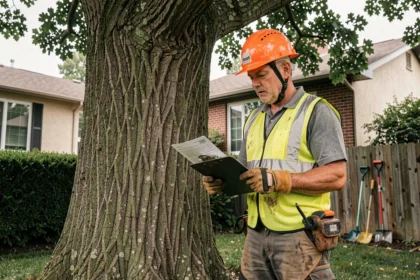 Arboriste professionnel en équipement de sécurité inspectant un grand chêne avant abattage dans un jardin résidentiel