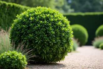 Arbre à crevette taillé en boule dans un jardin à la française avec allées de gravier et haies de buis
