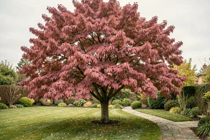 Arbre à feuilles roses persistantes dans un jardin en automne, vue d'ensemble de la canopée rose et magenta