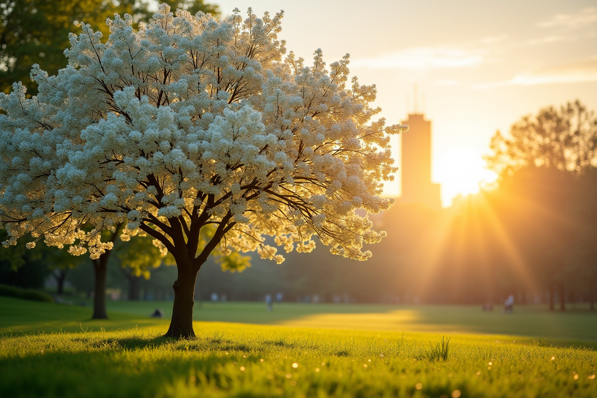 Arbre en fleurs blanches dans un parc urbain au lever du soleil