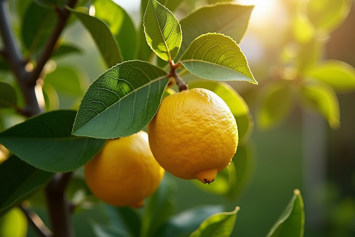 Arbre de citron mature dans un jardin ensoleille avec feuilles vertes et jaunes