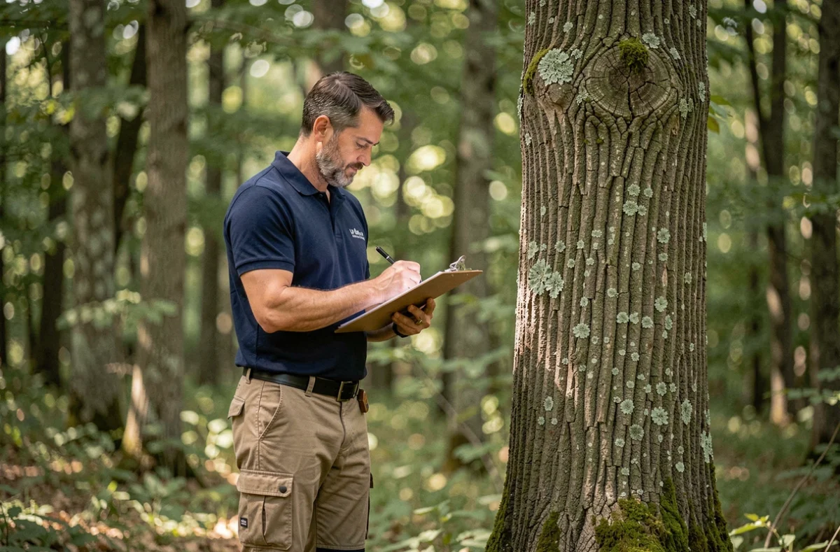 Consultant arboriste d'Arbres et Solutions examinant un grand hêtre en forêt de Haute-Garonne avec carnet de notes professionnel