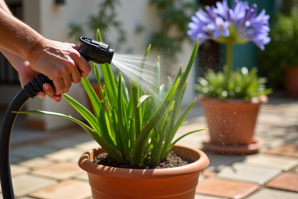 Arrosage d'agapanthes en pot sur une terrasse avec un tuyau à douchette, gouttelettes visibles sur les feuilles