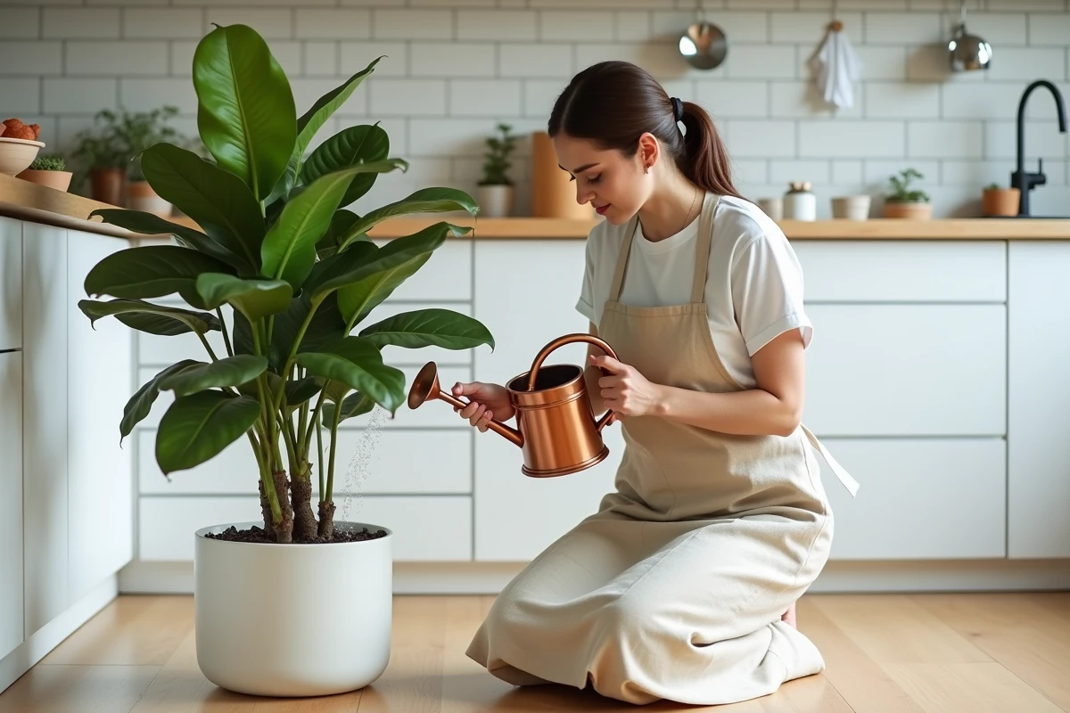 Femme arrosant un ficus lyrata dans un pot blanc avec un arrosoir en cuivre dans une cuisine moderne et minimaliste