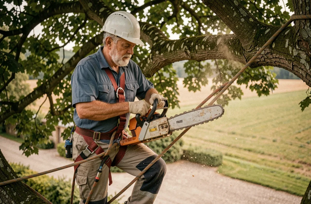 Artisan élagueur en hauteur dans un hêtre avec tronçonneuse professionnelle et harnais d'escalade