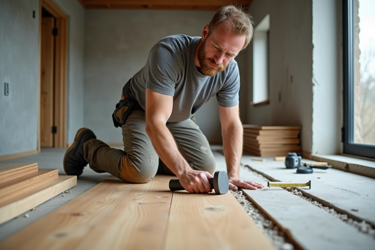 Artisan poseur de parquet massif en chêne en train d'installer des lames dans une maison moderne, outils de pose visibles au sol