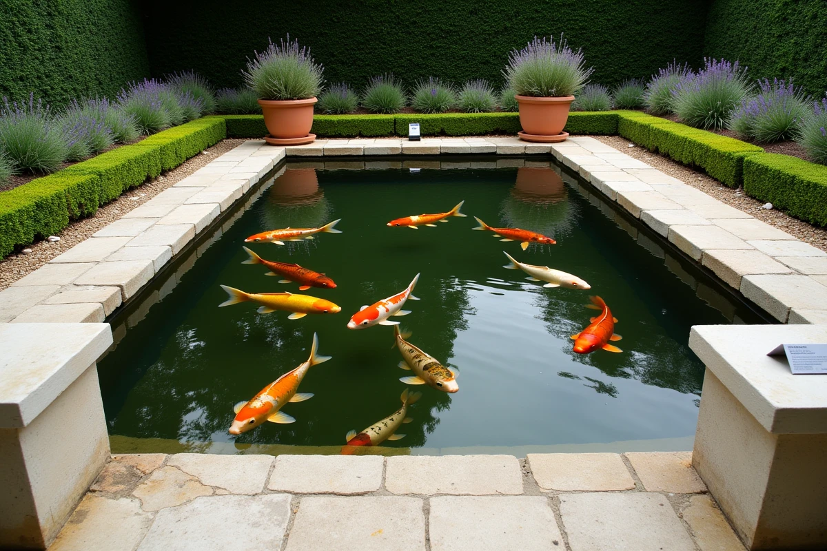 Bassin de jardin français avec plusieurs carpes koï de différentes variétés et gammes de prix en contexte de vente premium