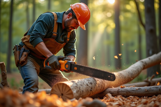 Bûcheron expérimenté coupant un bois à la main en forêt