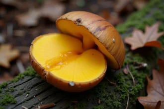 Bolet à chair jaune coupé en deux sur fond de feuilles mortes en forêt, révélant la chair jaune vif caractéristique