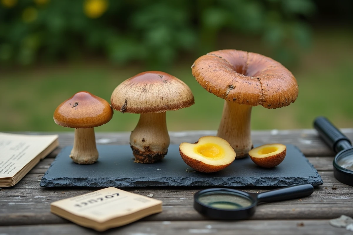 Trois bolets à différents stades de maturité posés sur un plateau d'identification avec loupe et carnet de terrain