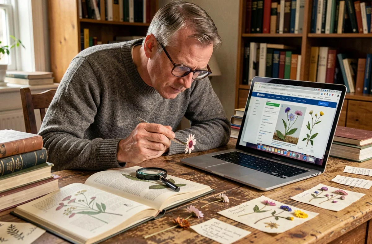 Botaniste comparant une fleur fraîche à une identification en ligne sur ordinateur, entouré de guides et de spécimens botaniques