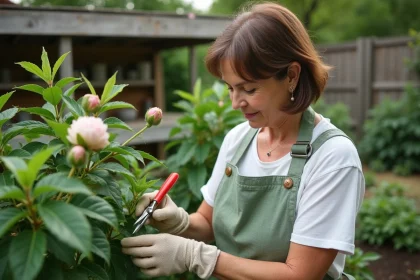 Femme réalisant une bouture de pivoine arbustive avec des sécateurs dans un jardin fleuri