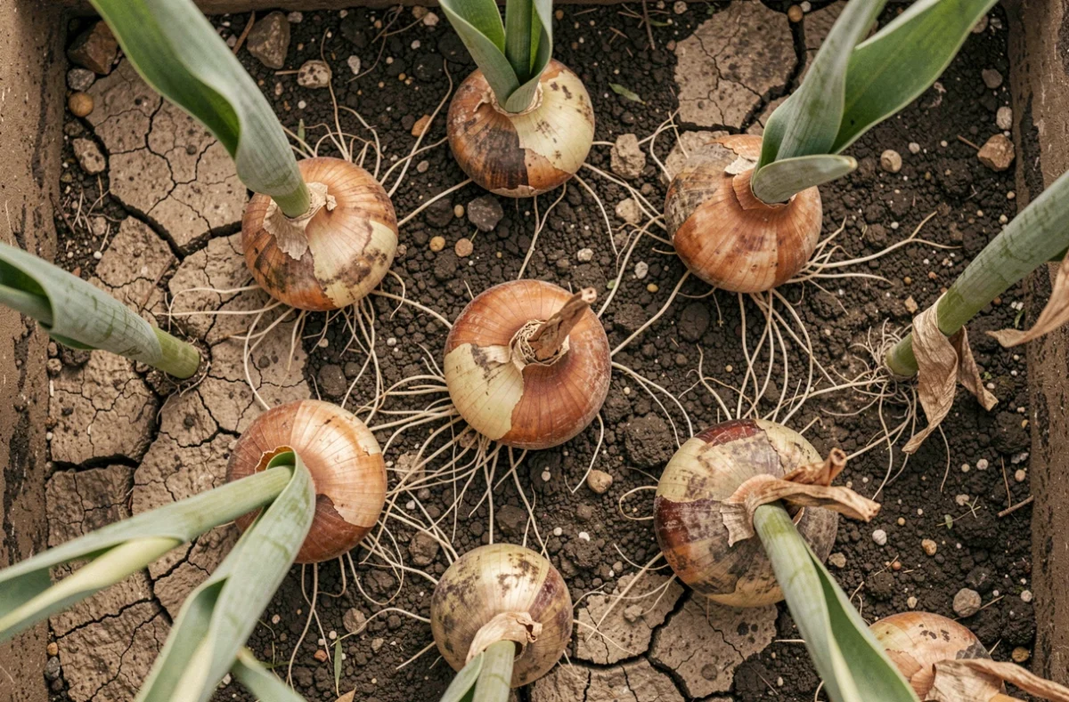Bulbes de tulipes laissés en terre entre deux saisons dans un carré potager surélevé avec sol visible