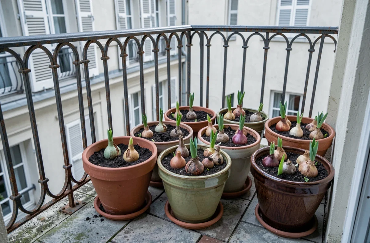 Pots en terre cuite sur un balcon parisien avec des bulbes de tulipes en dormance et en germination