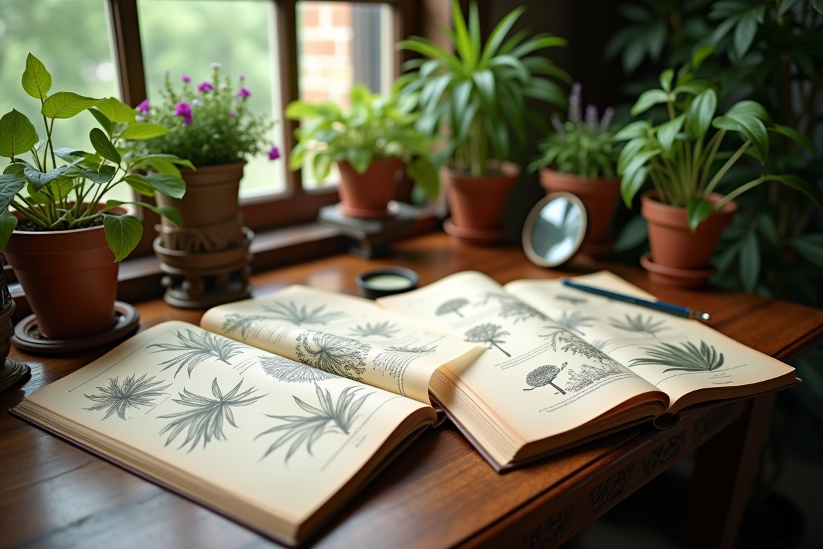 Bureau avec livres de botanique et croquis de plantes