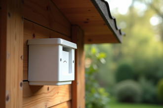 Zoom sur un cache-araignee en PVC blanc sous le toit d'un abri de jardin