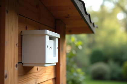 Zoom sur un cache-araignee en PVC blanc sous le toit d'un abri de jardin