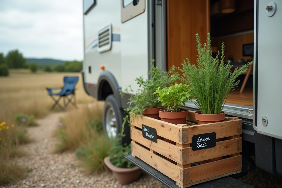 Caisse en bois avec herbes aromatiques répulsives mouches posée sur le marchepied d'un camping-car en plein air