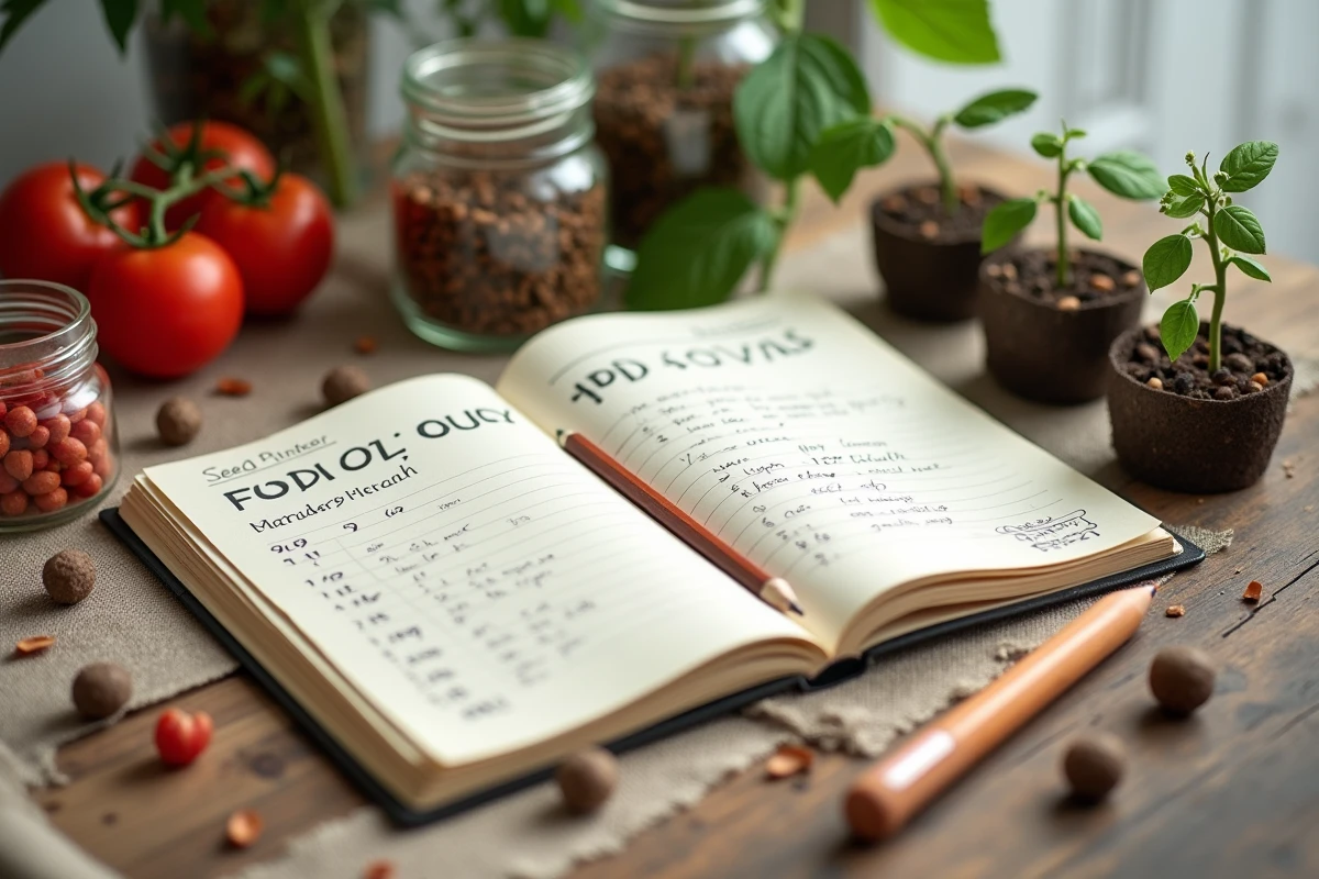 Carnet de planification de semis de tomates manuscrit entouré de graines, de godets en tourbe et de jeunes plants germés sur une table en bois rustique