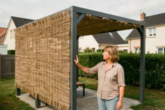 Femme examinant une canisse installée sur une pergola dans un lotissement résidentiel français