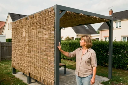 Femme examinant une canisse installée sur une pergola dans un lotissement résidentiel français