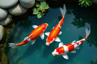Carpes koï aux couleurs vives rouge, blanc et noir nageant dans un bassin japonais traditionnel aux reflets naturels
