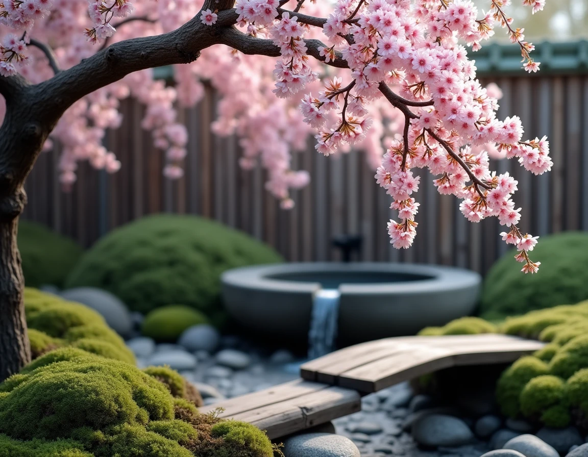 Cerisier pleureur en fleurs roses dans un jardin japonais avec pont en bois et bassin en pierre