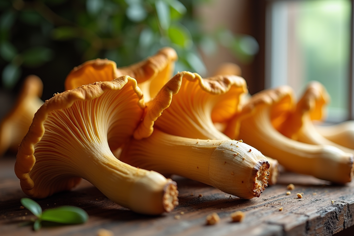 Champignons chanterelles fraîches sur une table en bois
