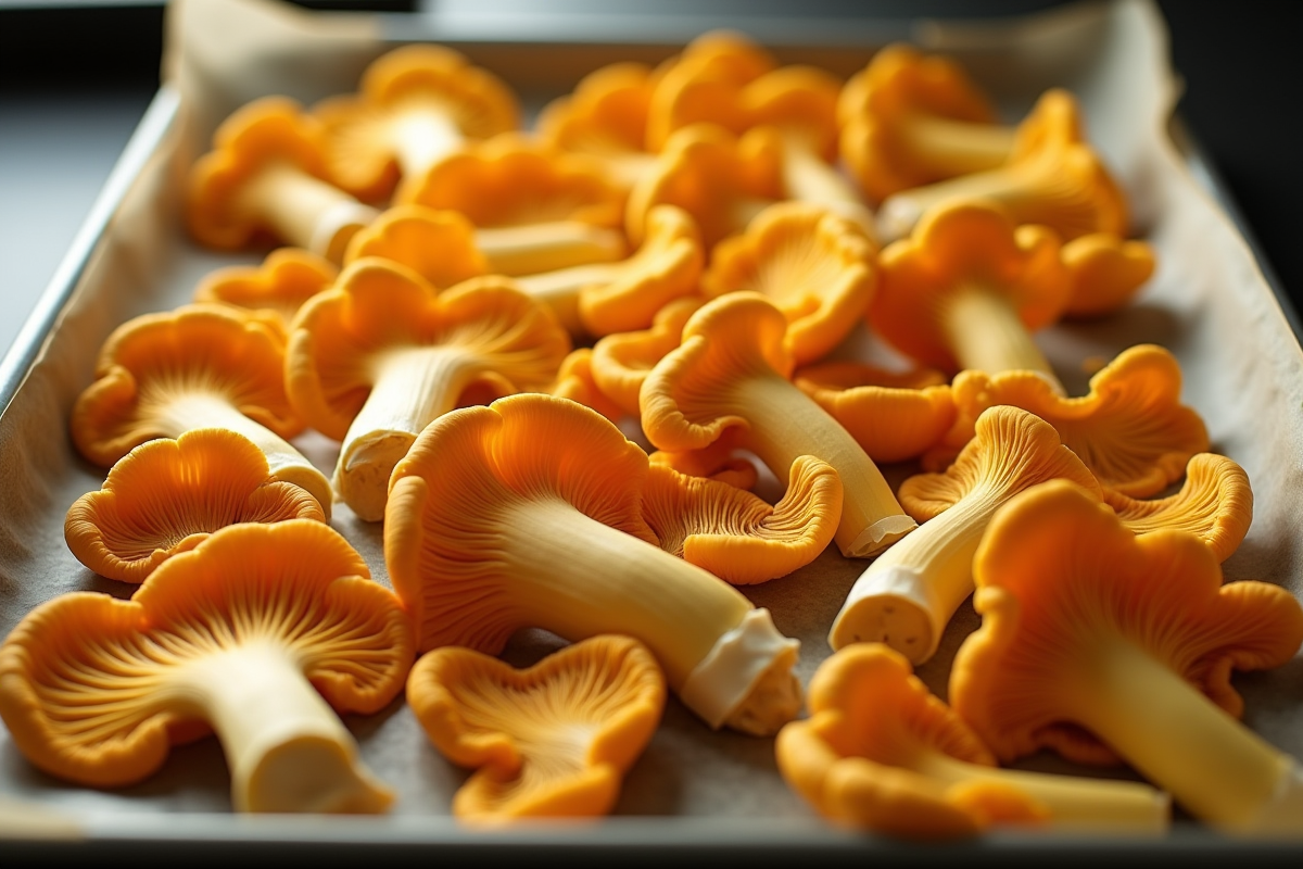 Champignons chanterelles tranchés prêts à sécher au four