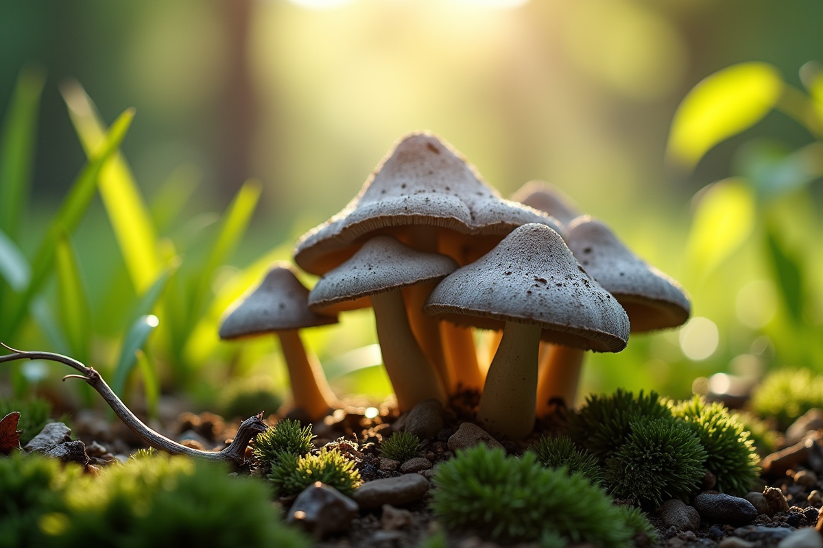 Gros plan de girolles grises poussant dans un jardin ensoleille