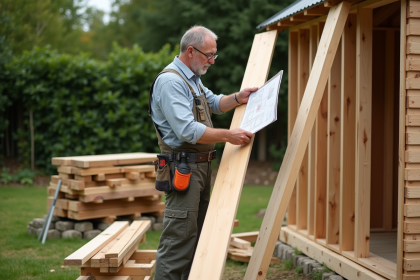 Charpentier vérifiant des planches de bois dans un jardin