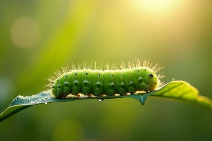 Chenille verte sur feuille de chêne en plein air