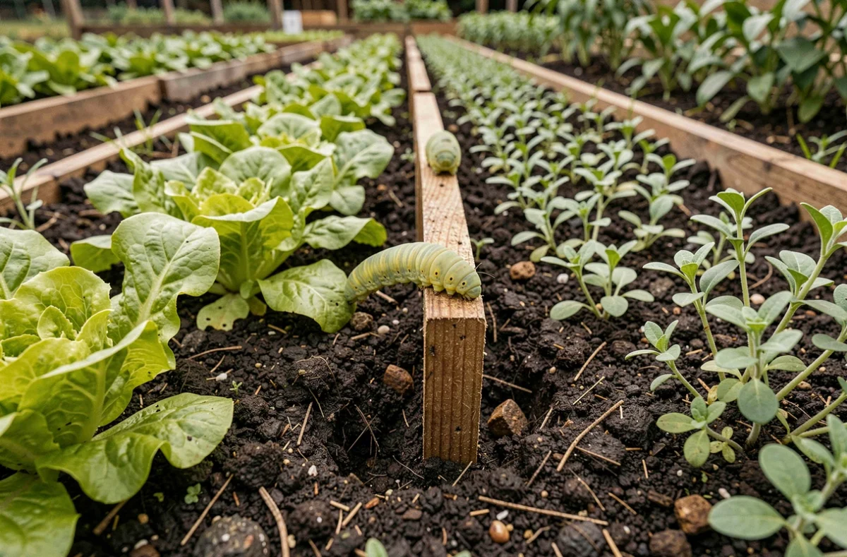 Chenille verte sur un tuteur en bois dans un rang de semis d'un potager biologique