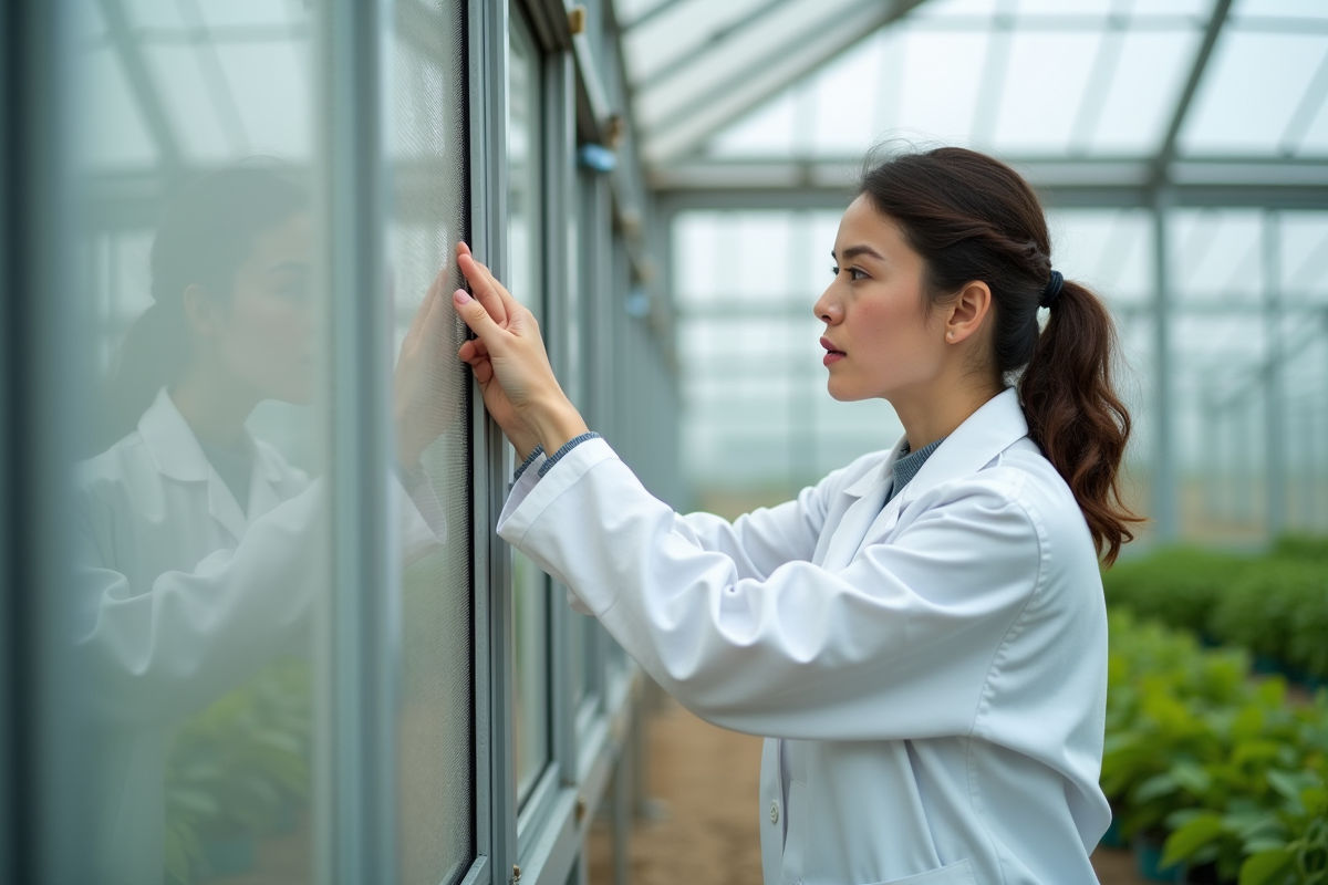 Femme scientifique examinant un filet dans une serre